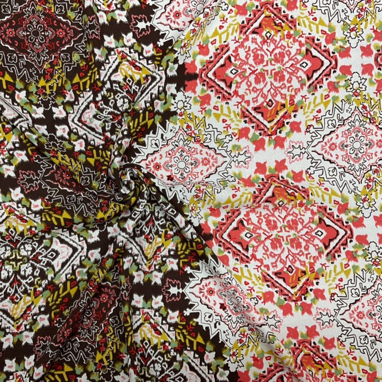 Brown-White-Multi Poly Aztec Printed Crepe Momie Woven Fabric By the Yard